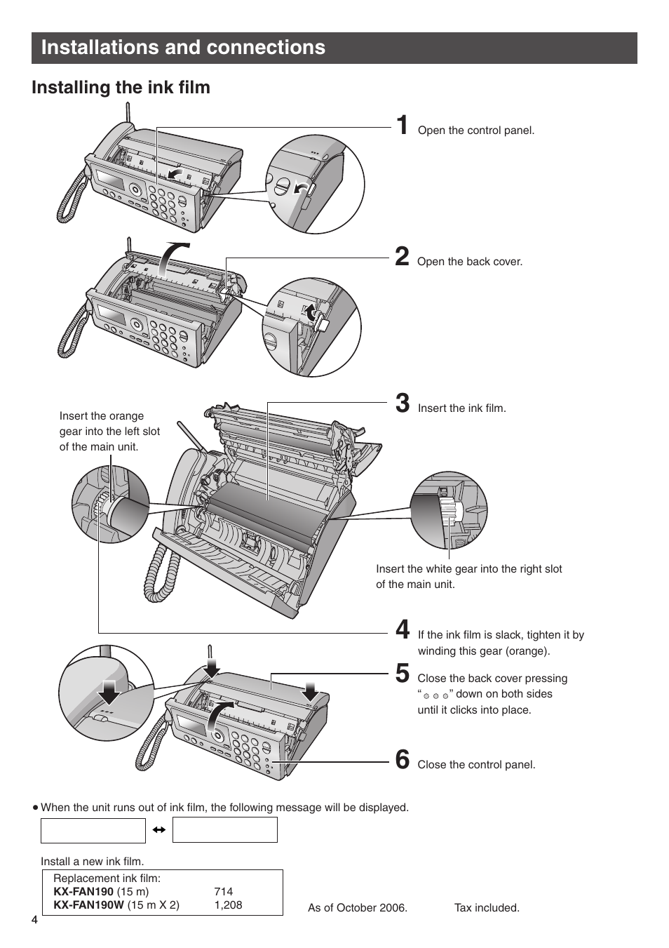 Installations and connections, Installing the ink film | Panasonic KX-PW506DW User Manual | Page 4 / 20