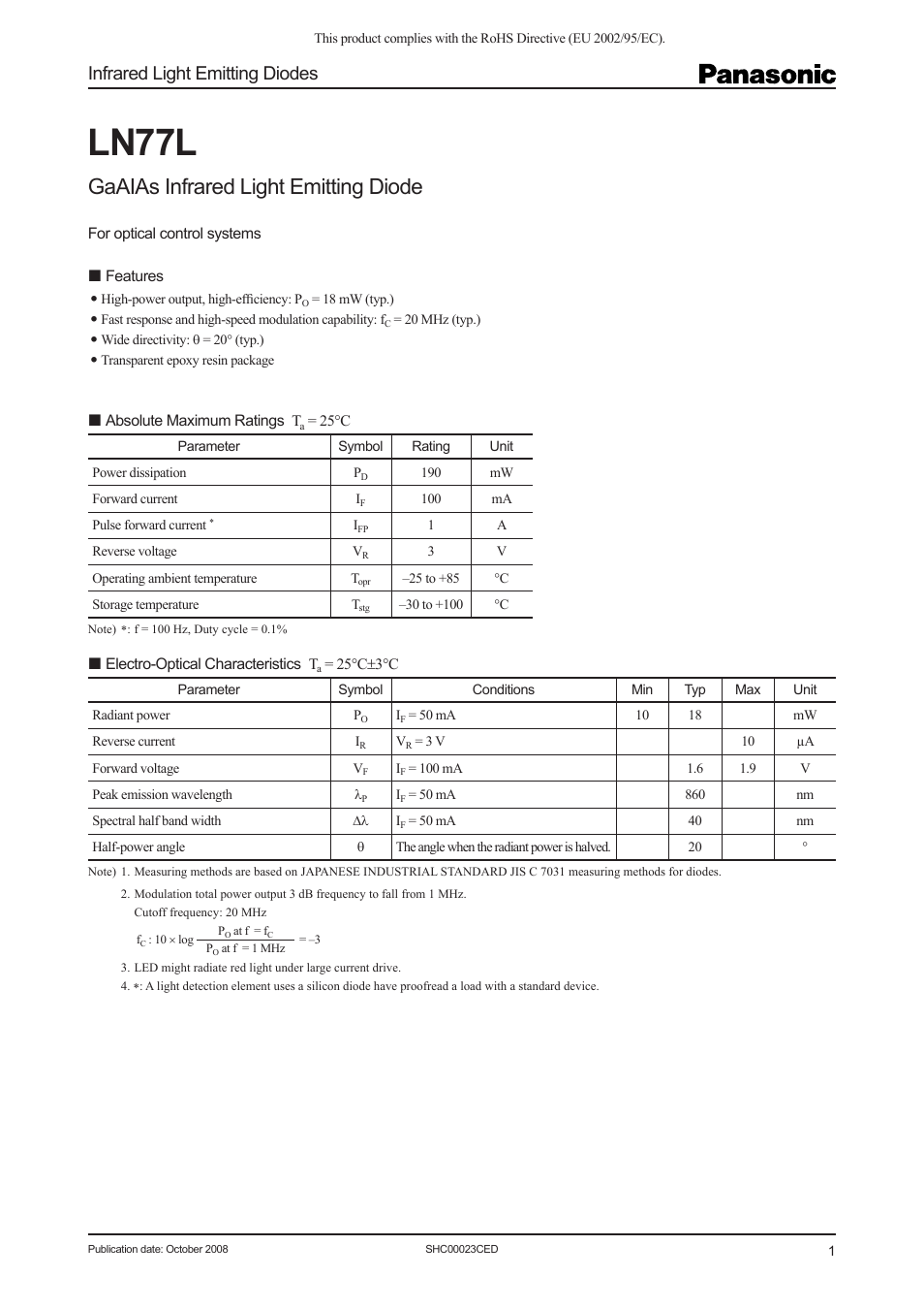 Panasonic Infrared Light Emitting Diodes LN77L User Manual | 4 pages