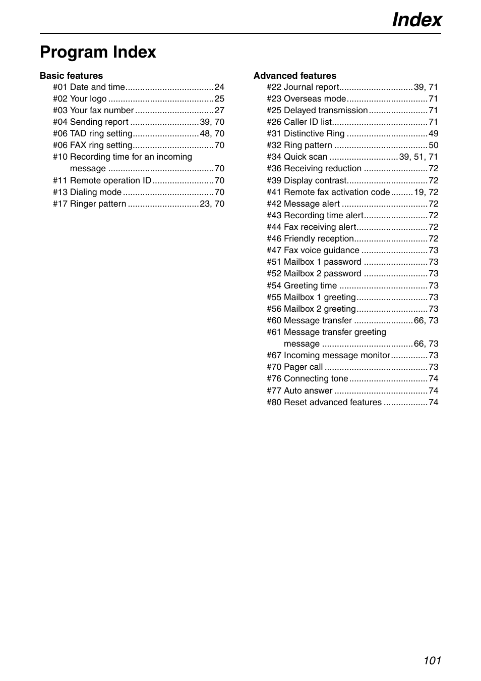 Index, Program index | Panasonic KX-FHD351 User Manual | Page 101 / 104