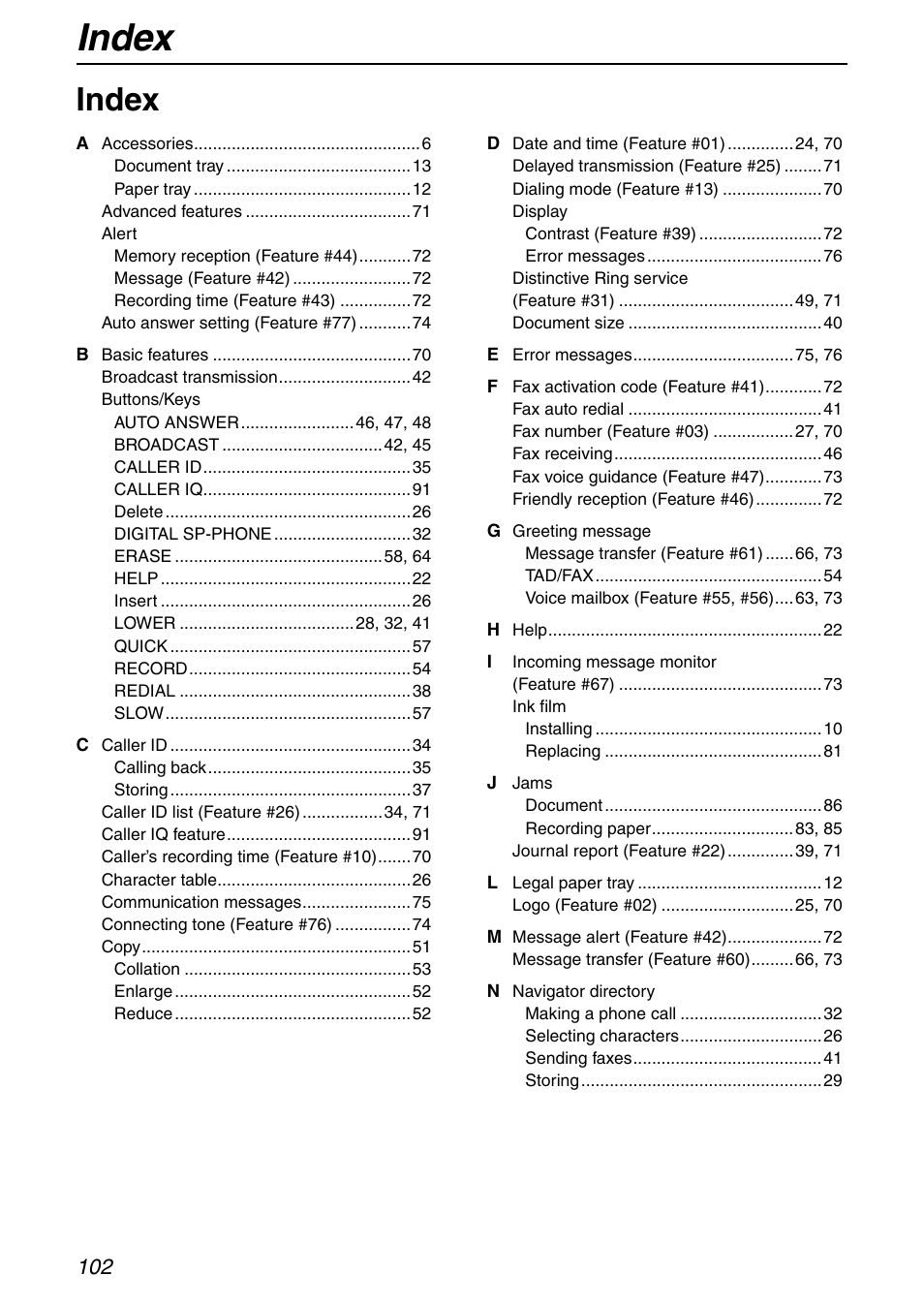 Index | Panasonic KX-FHD351 User Manual | Page 102 / 104