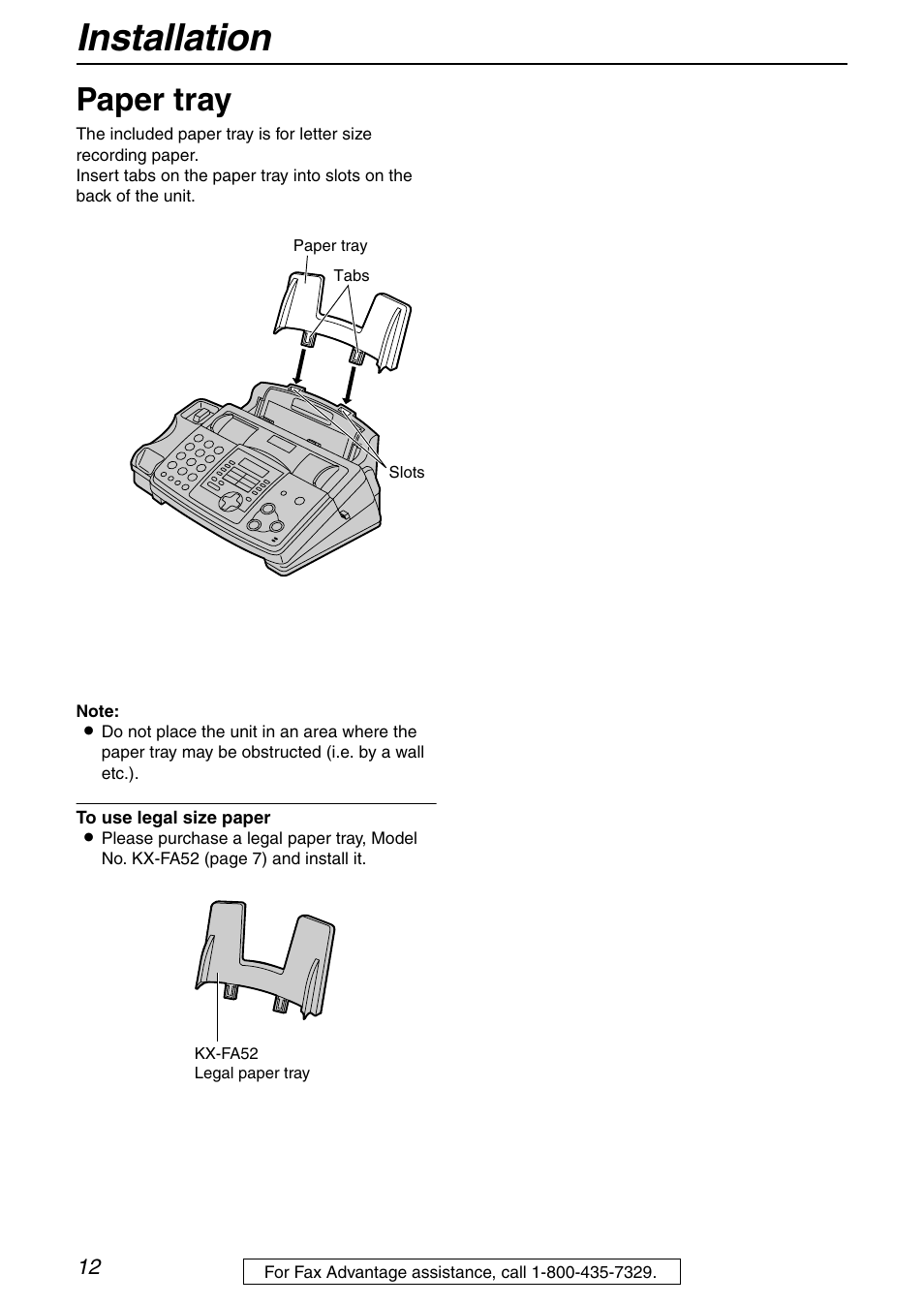 Installation, Paper tray | Panasonic KX-FHD351 User Manual | Page 12 / 104