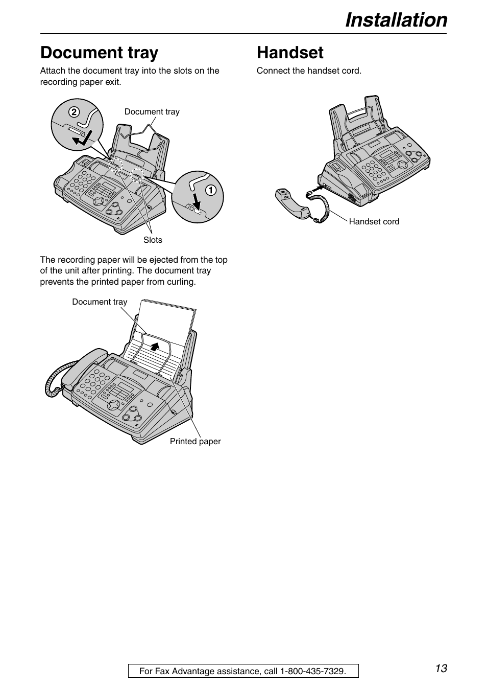 Installation, Document tray, Handset | Panasonic KX-FHD351 User Manual | Page 13 / 104