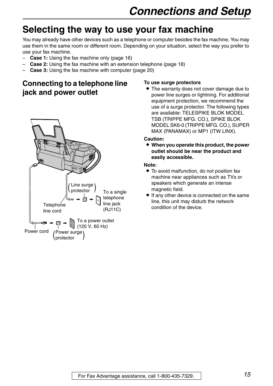 Connections and setup, Selecting the way to use your fax machine | Panasonic KX-FHD351 User Manual | Page 15 / 104