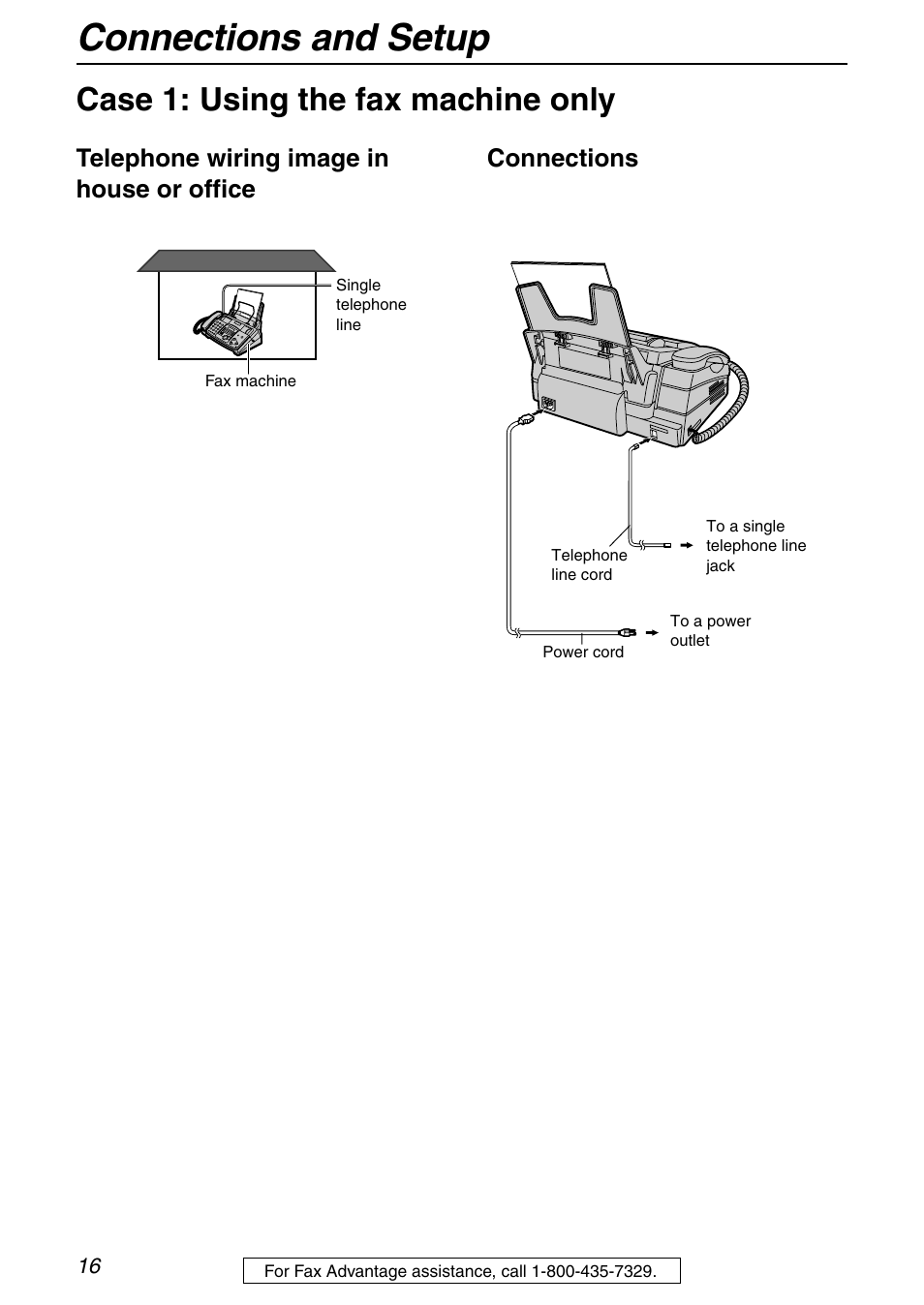 Connections and setup, Case 1: using the fax machine only | Panasonic KX-FHD351 User Manual | Page 16 / 104