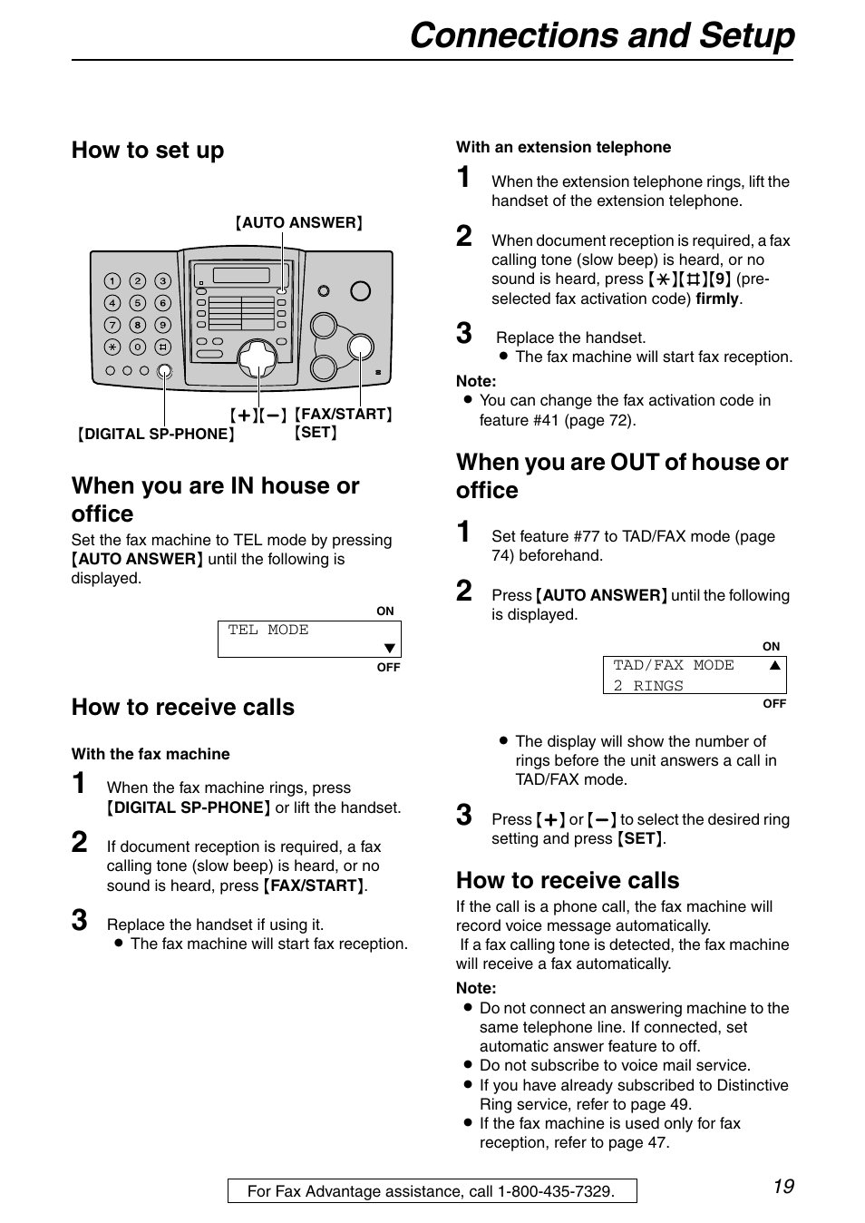 Connections and setup, How to set up when you are in house or office, How to receive calls | When you are out of house or office | Panasonic KX-FHD351 User Manual | Page 19 / 104