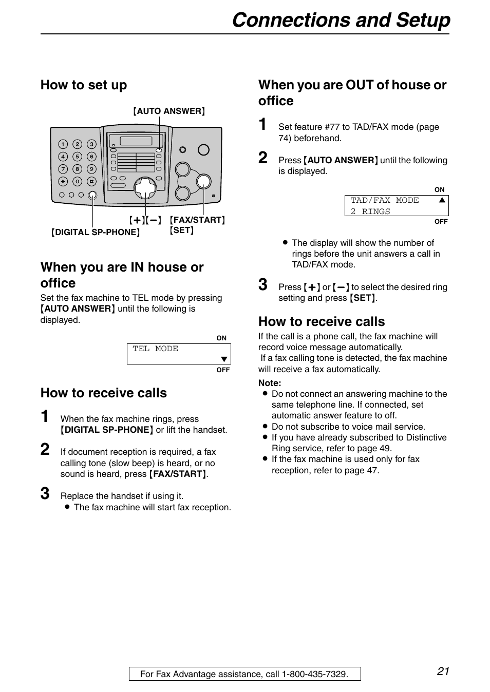 Connections and setup, How to set up when you are in house or office, How to receive calls | When you are out of house or office | Panasonic KX-FHD351 User Manual | Page 21 / 104