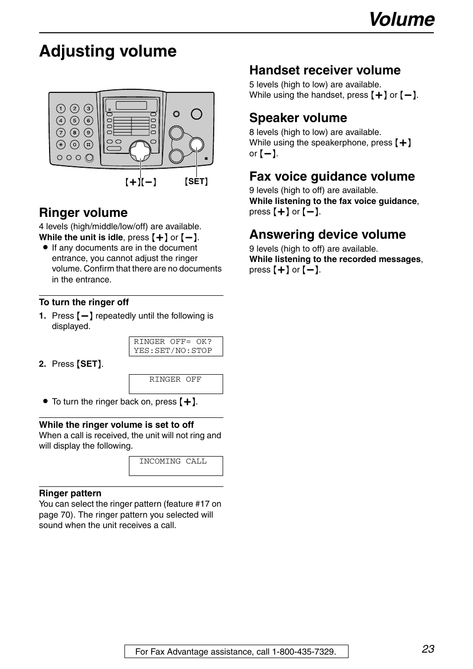 Volume, Adjusting volume, Ringer volume | Handset receiver volume, Speaker volume, Fax voice guidance volume, Answering device volume | Panasonic KX-FHD351 User Manual | Page 23 / 104