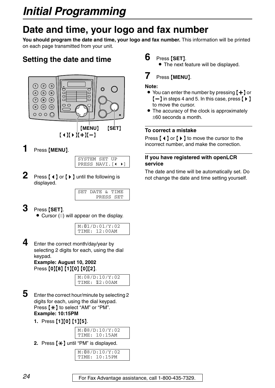 Initial programming, Date and time, your logo and fax number, Setting the date and time | Panasonic KX-FHD351 User Manual | Page 24 / 104