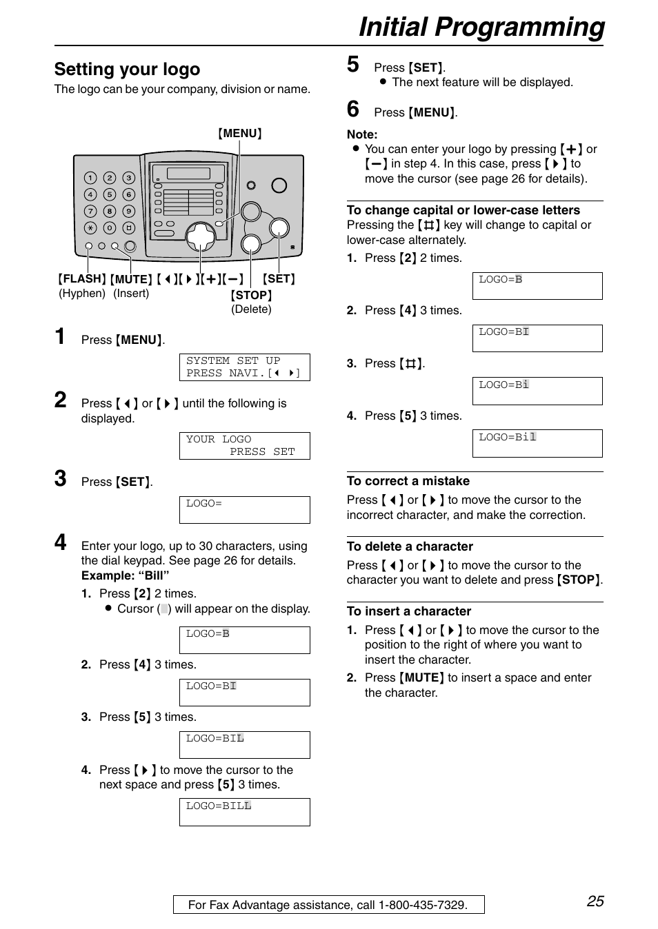 Initial programming, Setting your logo | Panasonic KX-FHD351 User Manual | Page 25 / 104