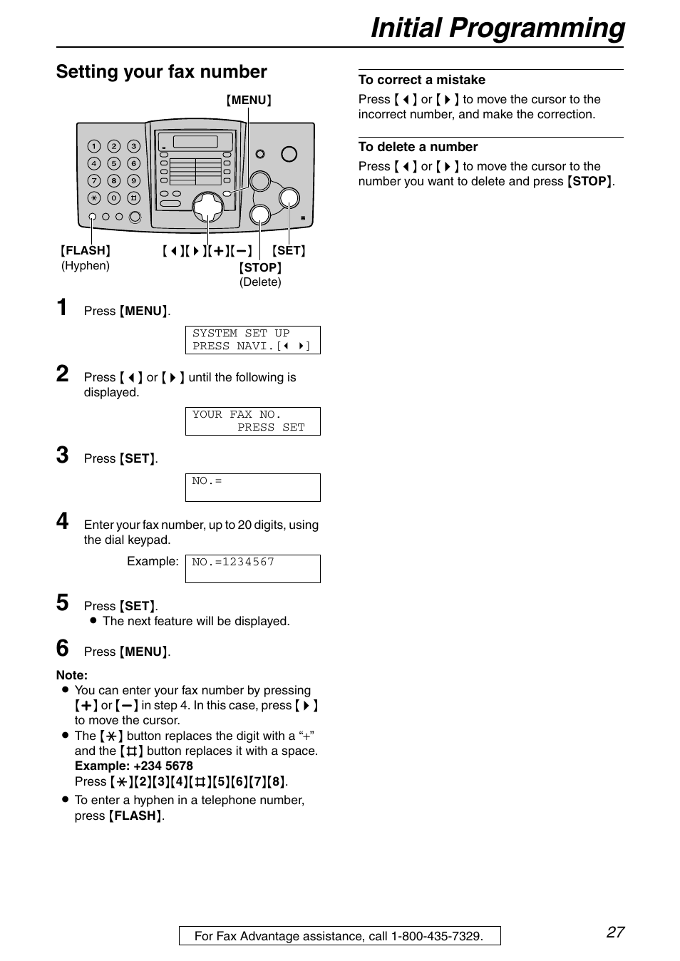 Initial programming, Setting your fax number | Panasonic KX-FHD351 User Manual | Page 27 / 104