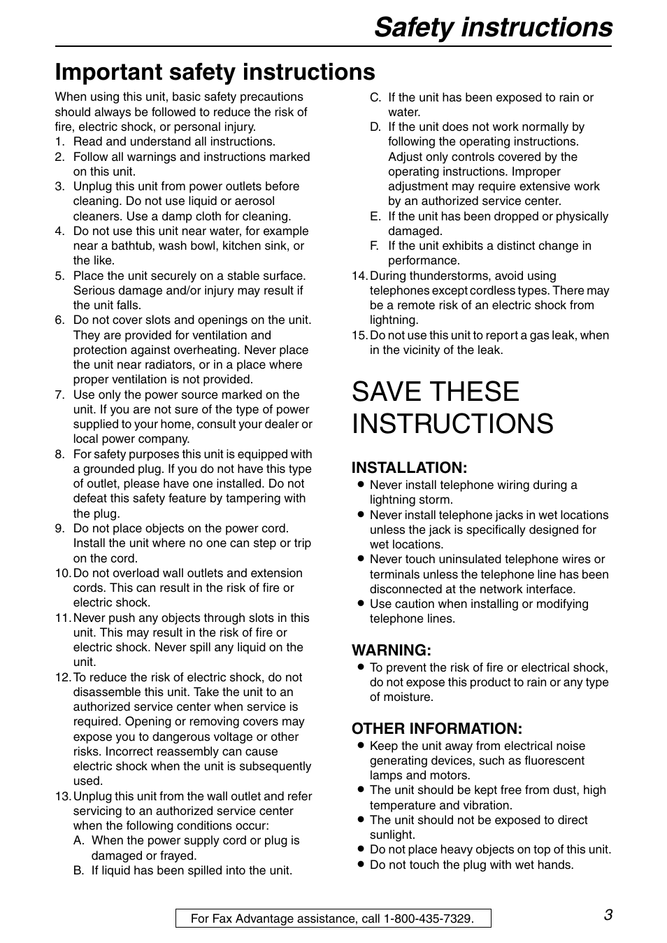 Safety instructions, Save these instructions, Important safety instructions | Installation, Warning, Other information | Panasonic KX-FHD351 User Manual | Page 3 / 104