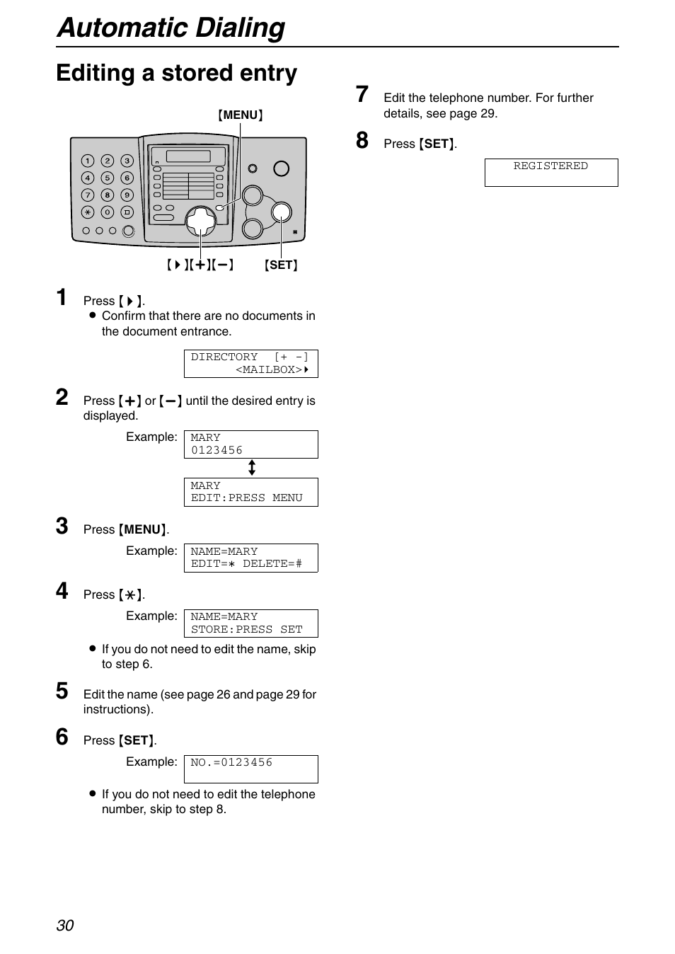 Automatic dialing, Editing a stored entry 1 | Panasonic KX-FHD351 User Manual | Page 30 / 104