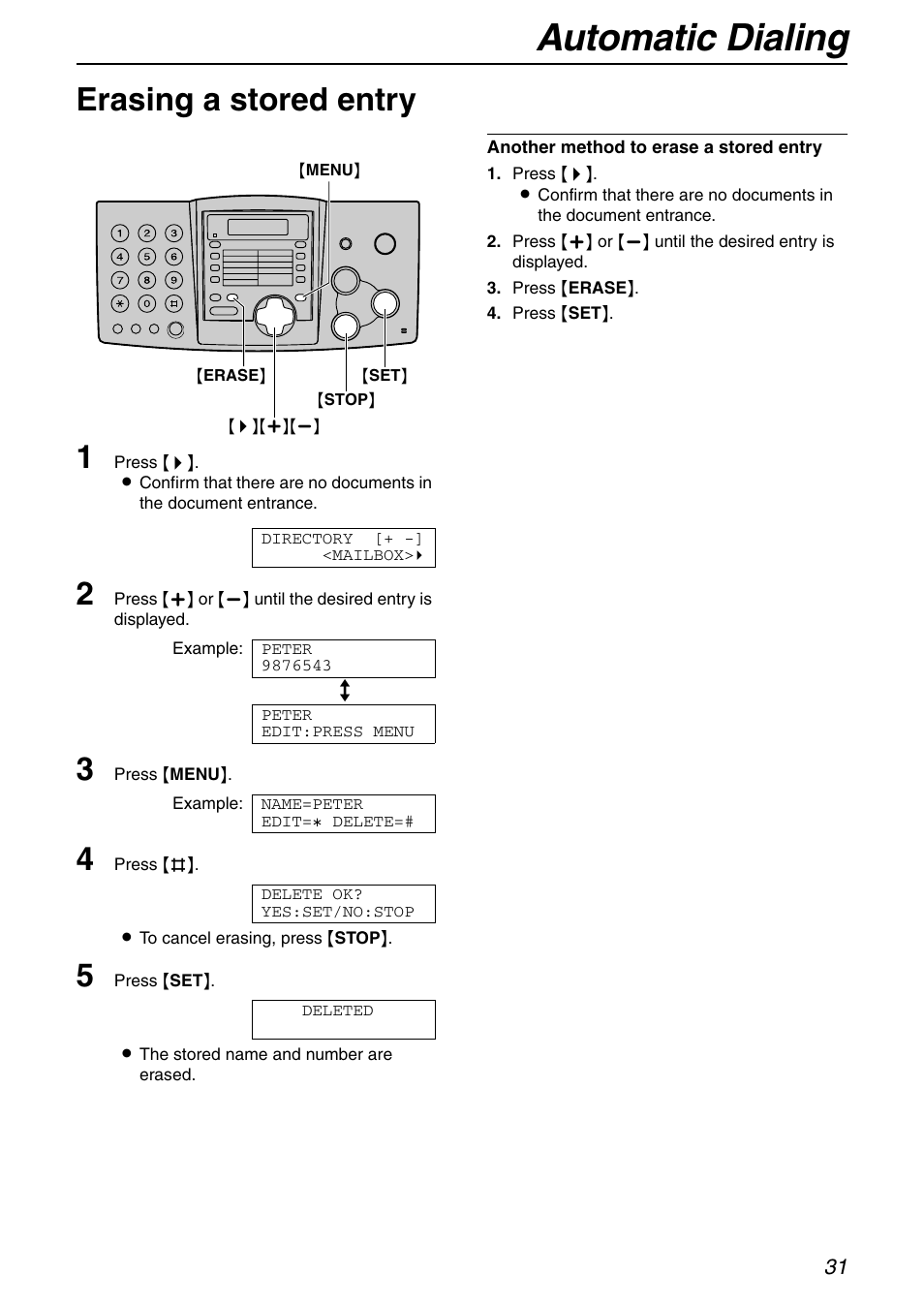 Automatic dialing, Erasing a stored entry 1 | Panasonic KX-FHD351 User Manual | Page 31 / 104