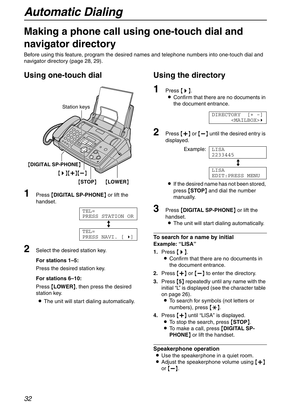 Automatic dialing, Using one-touch dial, Using the directory | Panasonic KX-FHD351 User Manual | Page 32 / 104