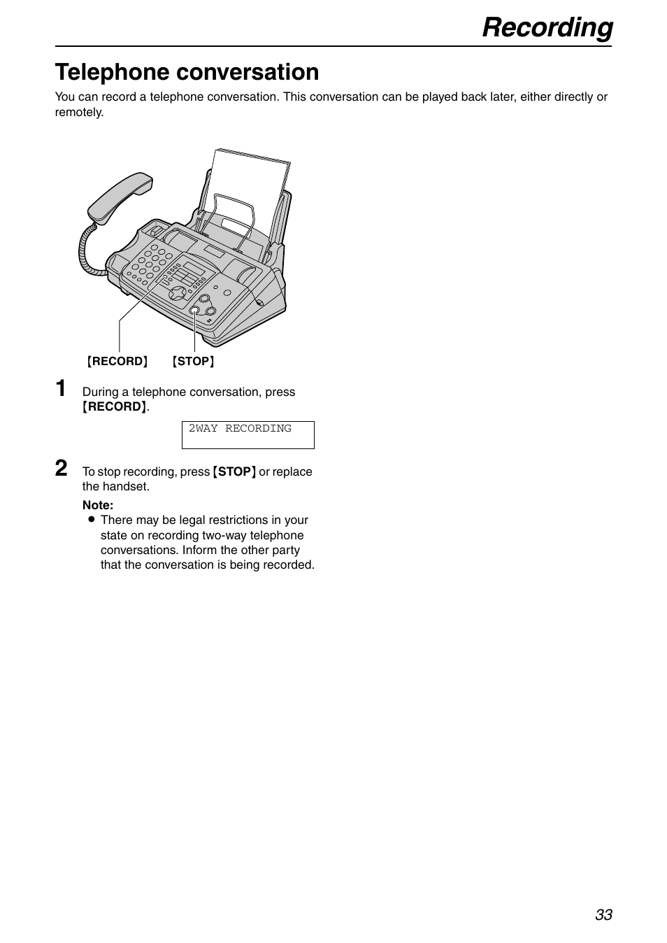 Recording, Telephone conversation | Panasonic KX-FHD351 User Manual | Page 33 / 104