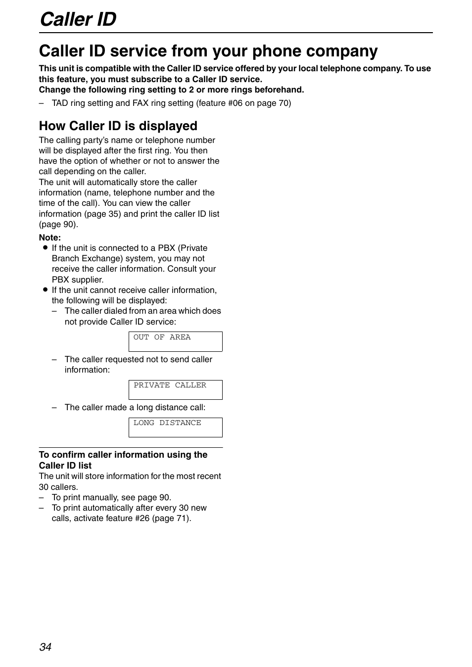 Telephone, Caller id, Caller id service from your phone company | How caller id is displayed | Panasonic KX-FHD351 User Manual | Page 34 / 104