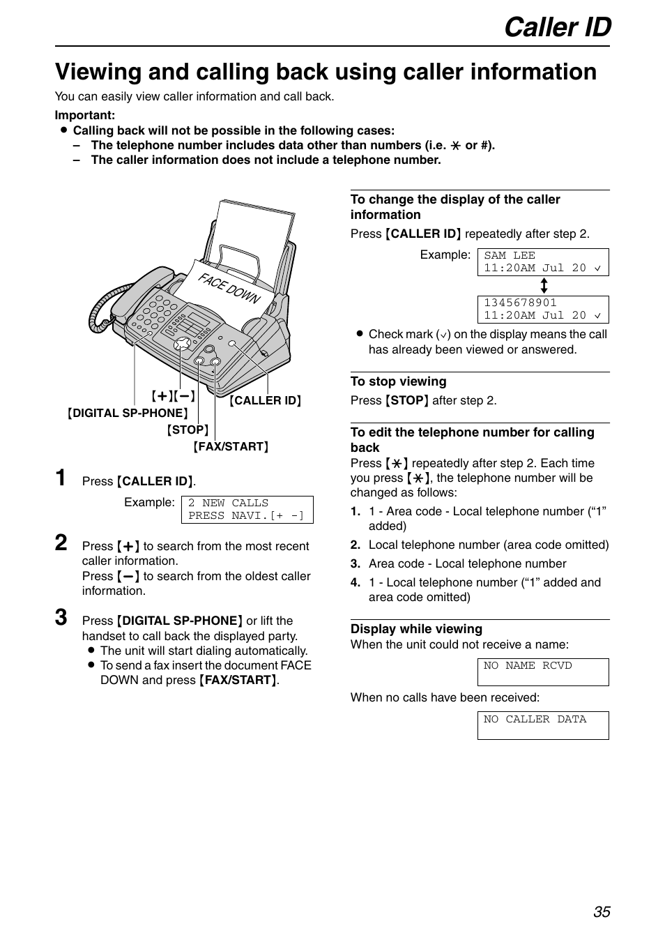 Caller id, Viewing and calling back using caller information | Panasonic KX-FHD351 User Manual | Page 35 / 104
