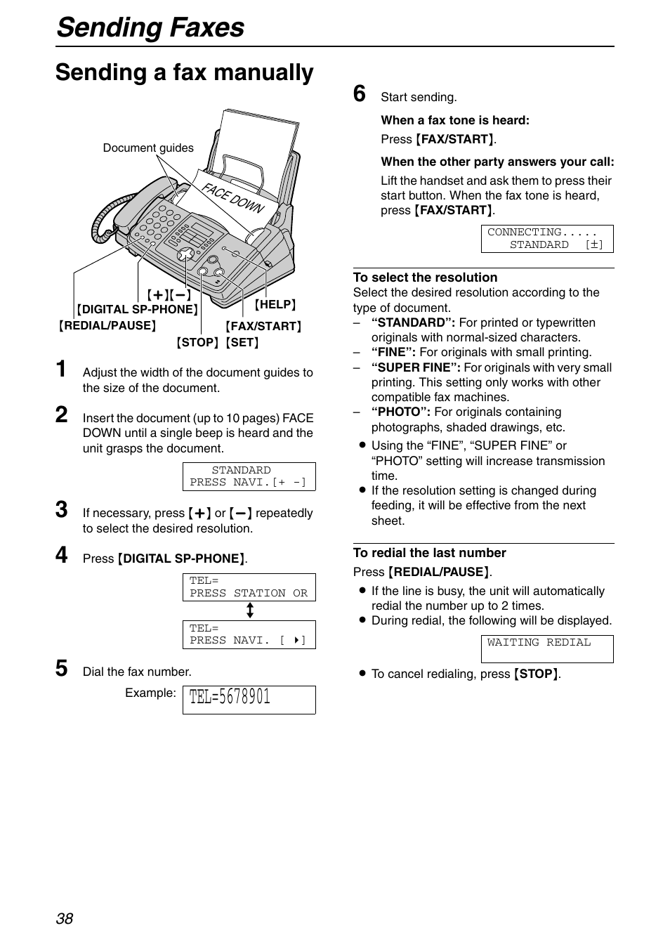 Sending faxes, Sending a fax manually 1 | Panasonic KX-FHD351 User Manual | Page 38 / 104