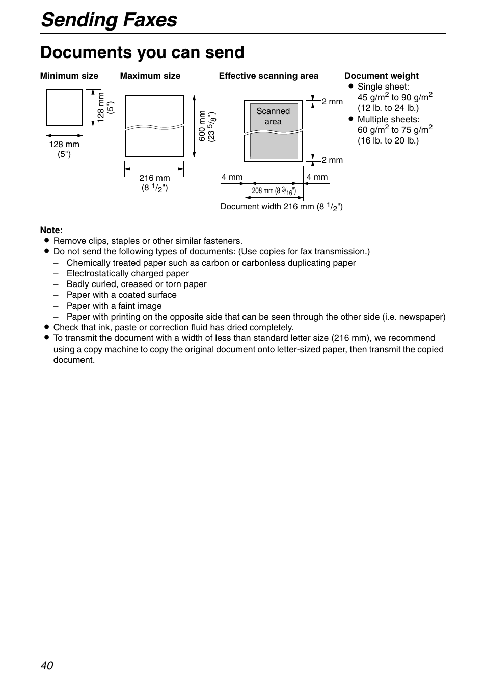 Sending faxes, Documents you can send | Panasonic KX-FHD351 User Manual | Page 40 / 104