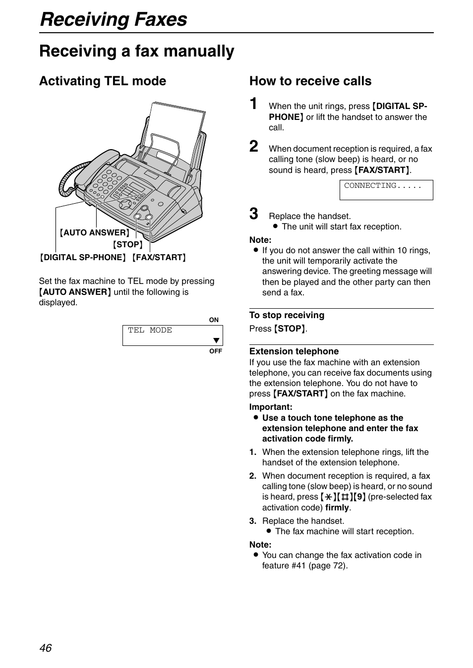 Receiving faxes, Receiving a fax manually, Activating tel mode | How to receive calls | Panasonic KX-FHD351 User Manual | Page 46 / 104
