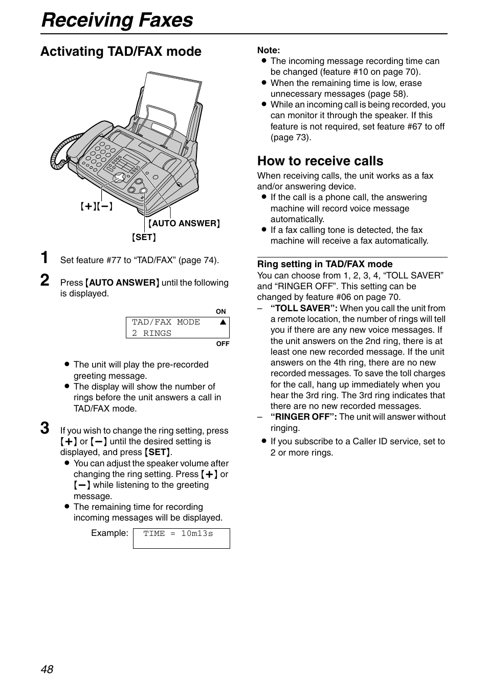 Receiving faxes, Activating tad/fax mode, How to receive calls | Panasonic KX-FHD351 User Manual | Page 48 / 104