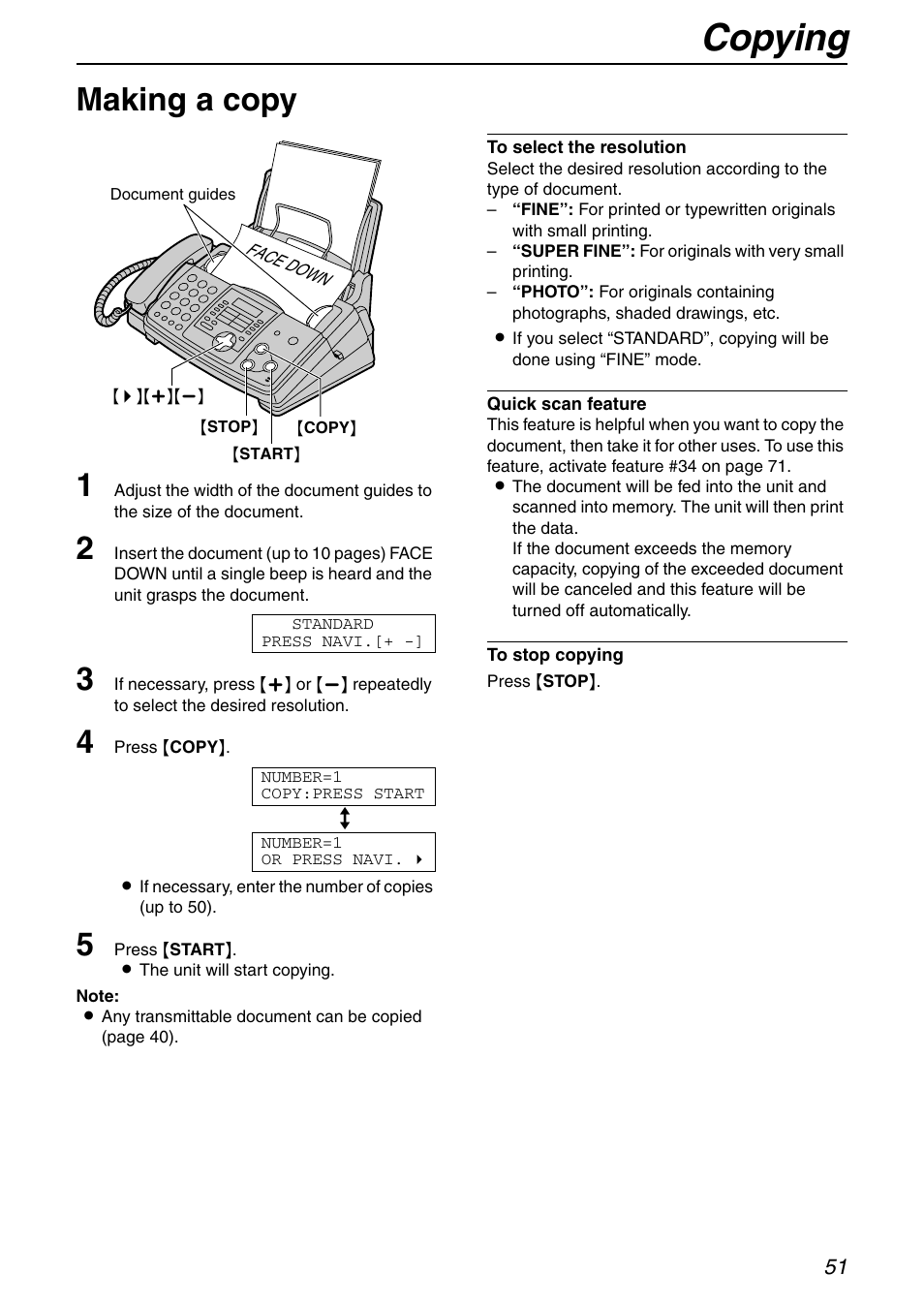 Copy, Copying, Making a copy 1 | Panasonic KX-FHD351 User Manual | Page 51 / 104