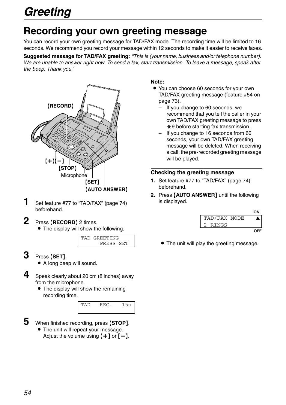 Answering device, Greeting, Recording your own greeting message | Panasonic KX-FHD351 User Manual | Page 54 / 104