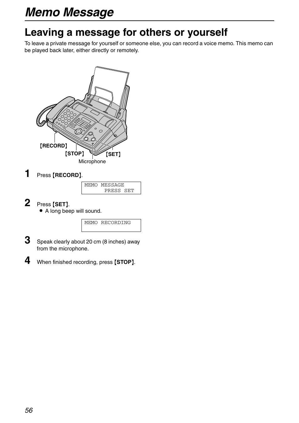 Memo message, Leaving a message for others or yourself | Panasonic KX-FHD351 User Manual | Page 56 / 104