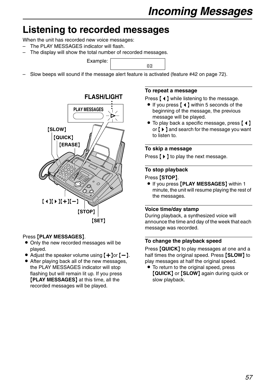 Incoming messages, Listening to recorded messages, Flash/light | Panasonic KX-FHD351 User Manual | Page 57 / 104