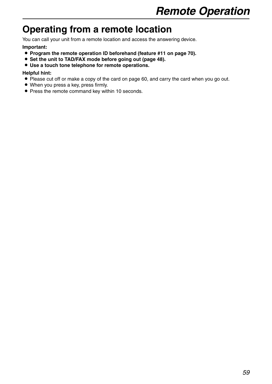 Remote operation, Operating from a remote location | Panasonic KX-FHD351 User Manual | Page 59 / 104