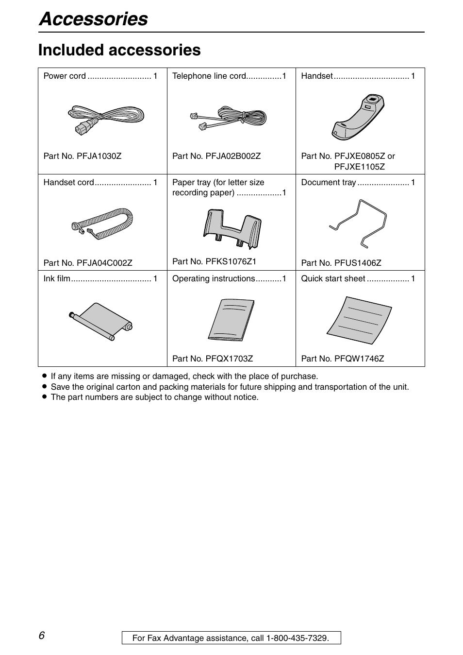 Intial preparation, Accessories, Included accessories | Panasonic KX-FHD351 User Manual | Page 6 / 104