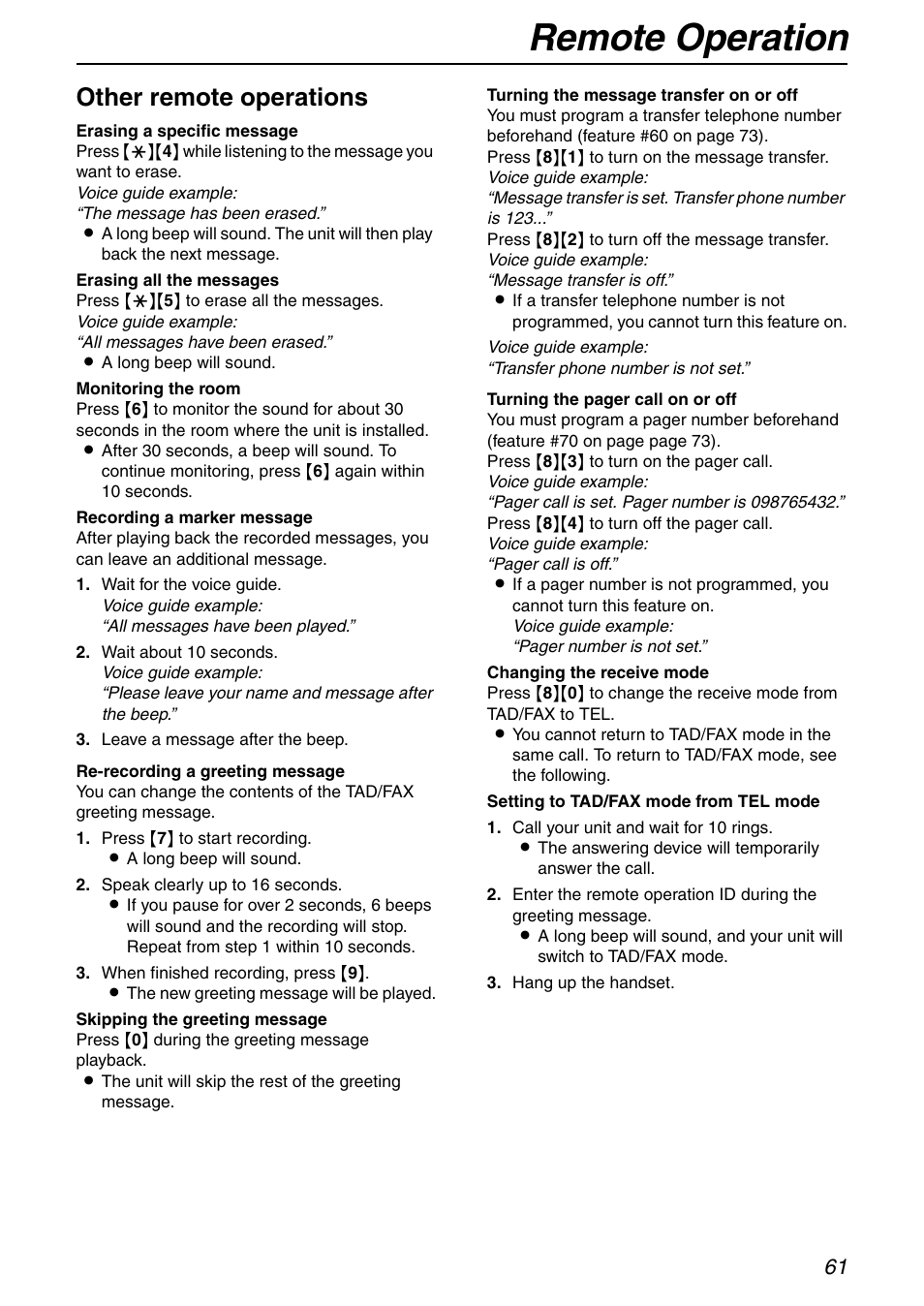 Remote operation, Other remote operations | Panasonic KX-FHD351 User Manual | Page 61 / 104