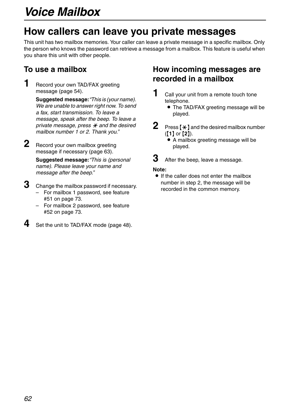 Voice mailbox, How callers can leave you private messages, How incoming messages are recorded in a mailbox | Panasonic KX-FHD351 User Manual | Page 62 / 104