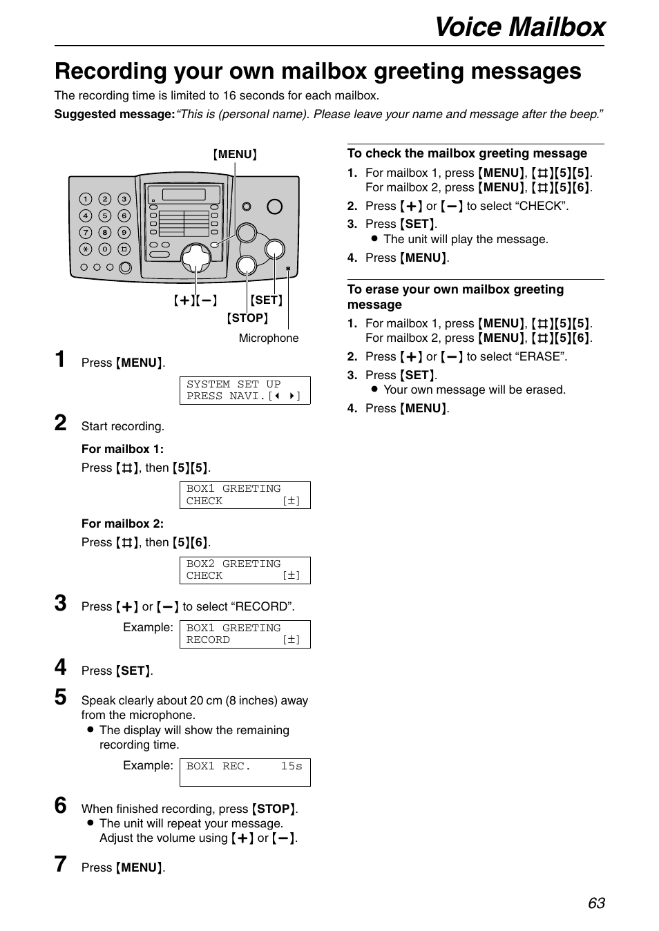 Voice mailbox, Recording your own mailbox greeting messages | Panasonic KX-FHD351 User Manual | Page 63 / 104