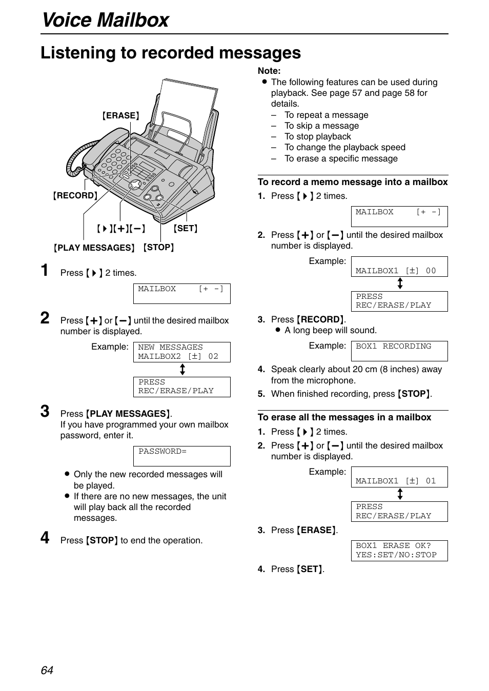 Voice mailbox, Listening to recorded messages 1 | Panasonic KX-FHD351 User Manual | Page 64 / 104