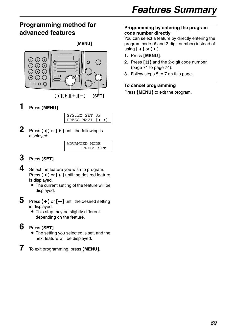 Features summary, Programming method for advanced features | Panasonic KX-FHD351 User Manual | Page 69 / 104