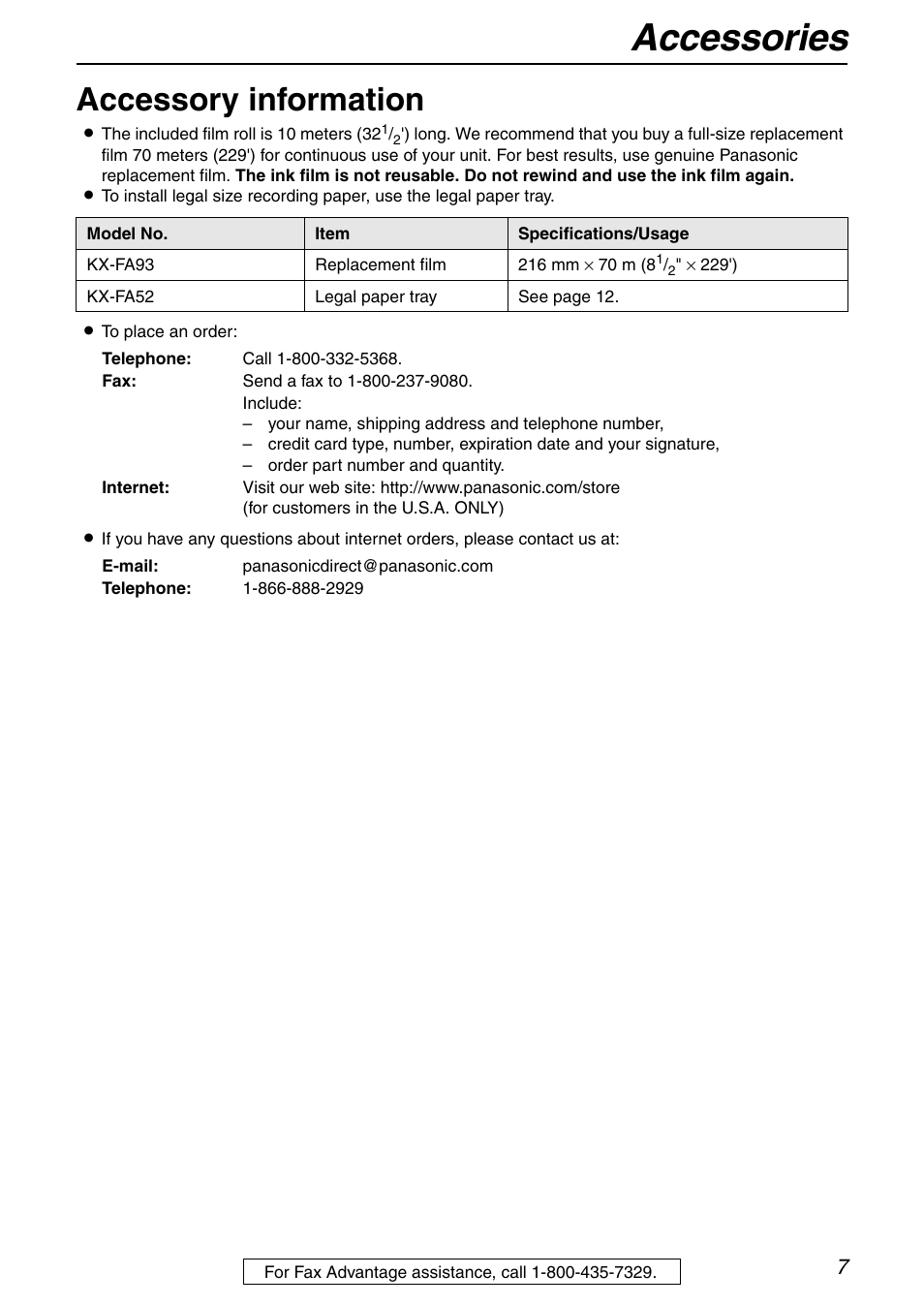 Accessories, Accessory information | Panasonic KX-FHD351 User Manual | Page 7 / 104