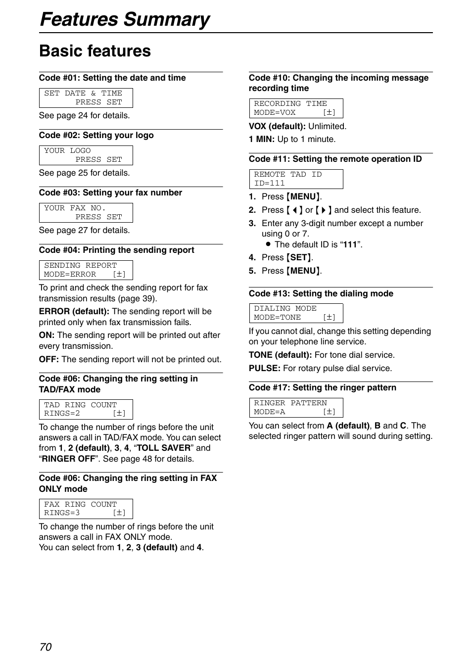 Features summary, Basic features | Panasonic KX-FHD351 User Manual | Page 70 / 104