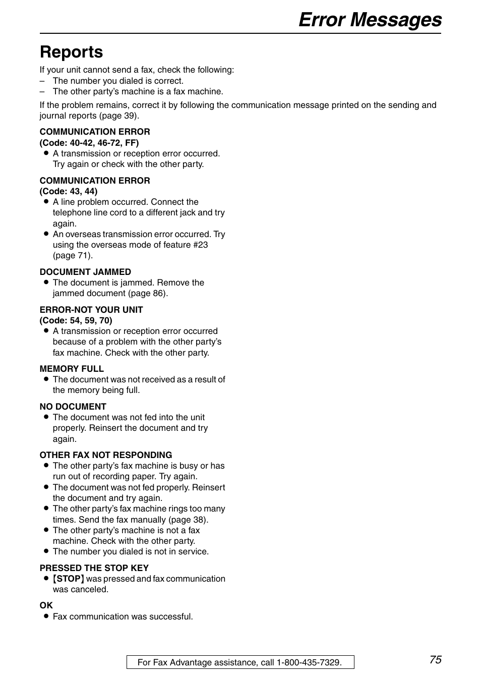 Help, Error messages, Reports | Panasonic KX-FHD351 User Manual | Page 75 / 104