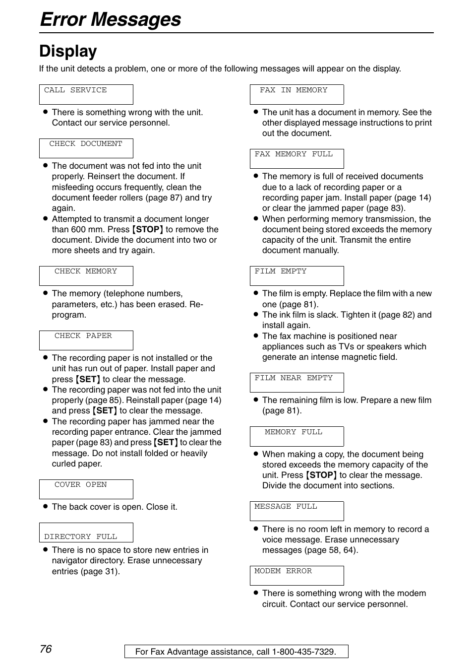 Error messages, Display | Panasonic KX-FHD351 User Manual | Page 76 / 104