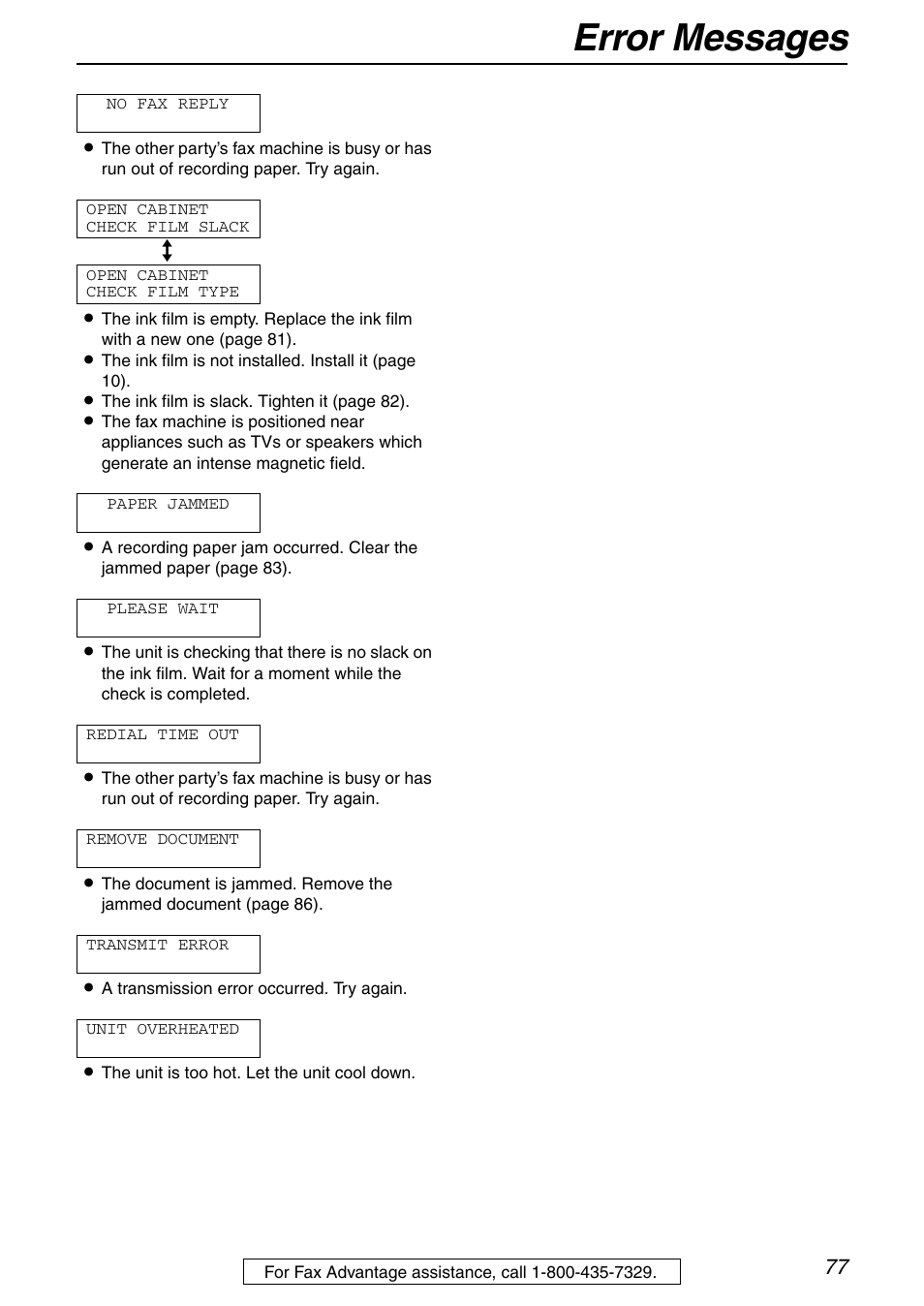 Error messages | Panasonic KX-FHD351 User Manual | Page 77 / 104
