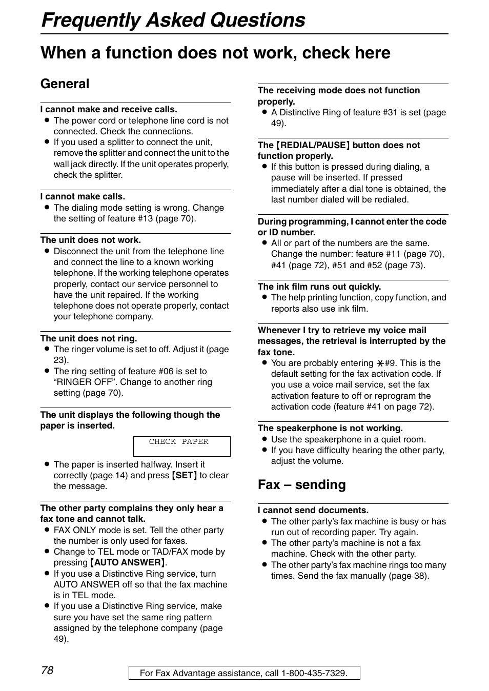 Frequently asked questions, When a function does not work, check here, General | Fax – sending | Panasonic KX-FHD351 User Manual | Page 78 / 104