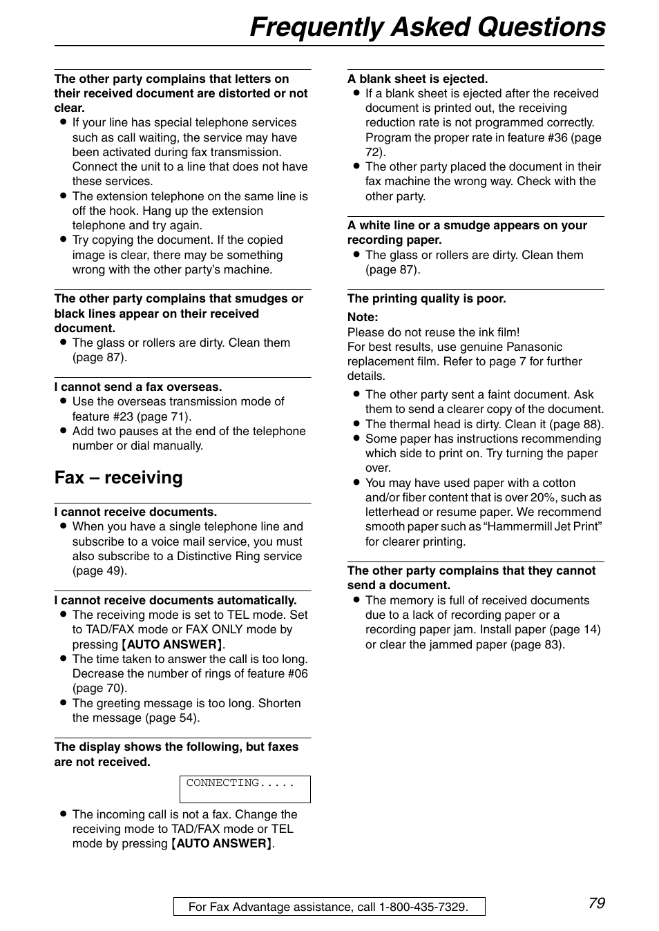 Frequently asked questions, Fax – receiving | Panasonic KX-FHD351 User Manual | Page 79 / 104