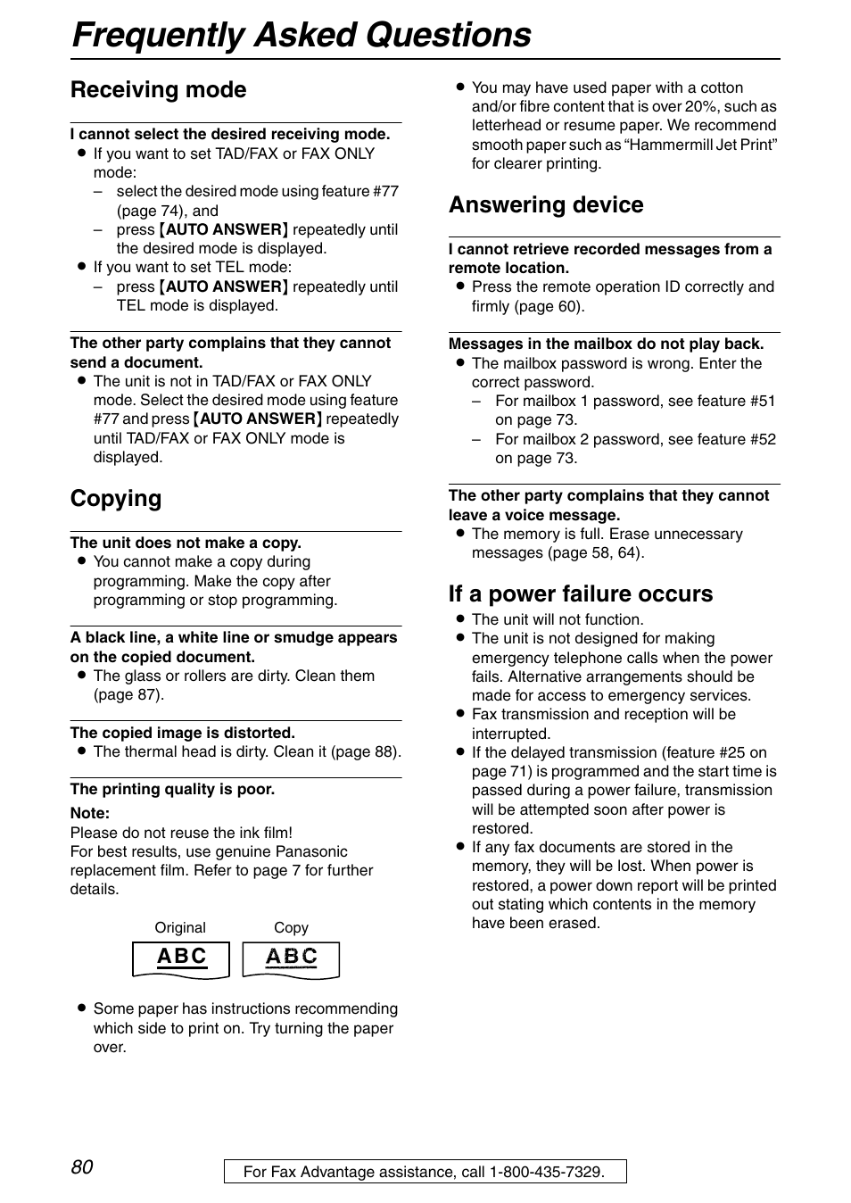 Frequently asked questions, Receiving mode, Copying | Answering device, If a power failure occurs, A b c | Panasonic KX-FHD351 User Manual | Page 80 / 104