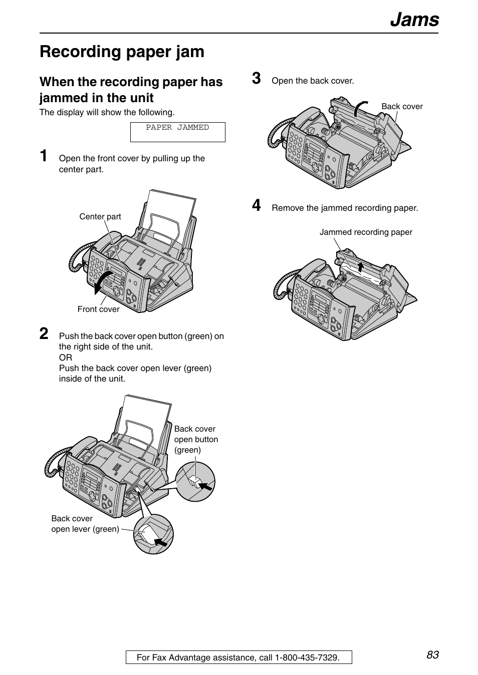 Jams, Recording paper jam, When the recording paper has jammed in the unit | Panasonic KX-FHD351 User Manual | Page 83 / 104