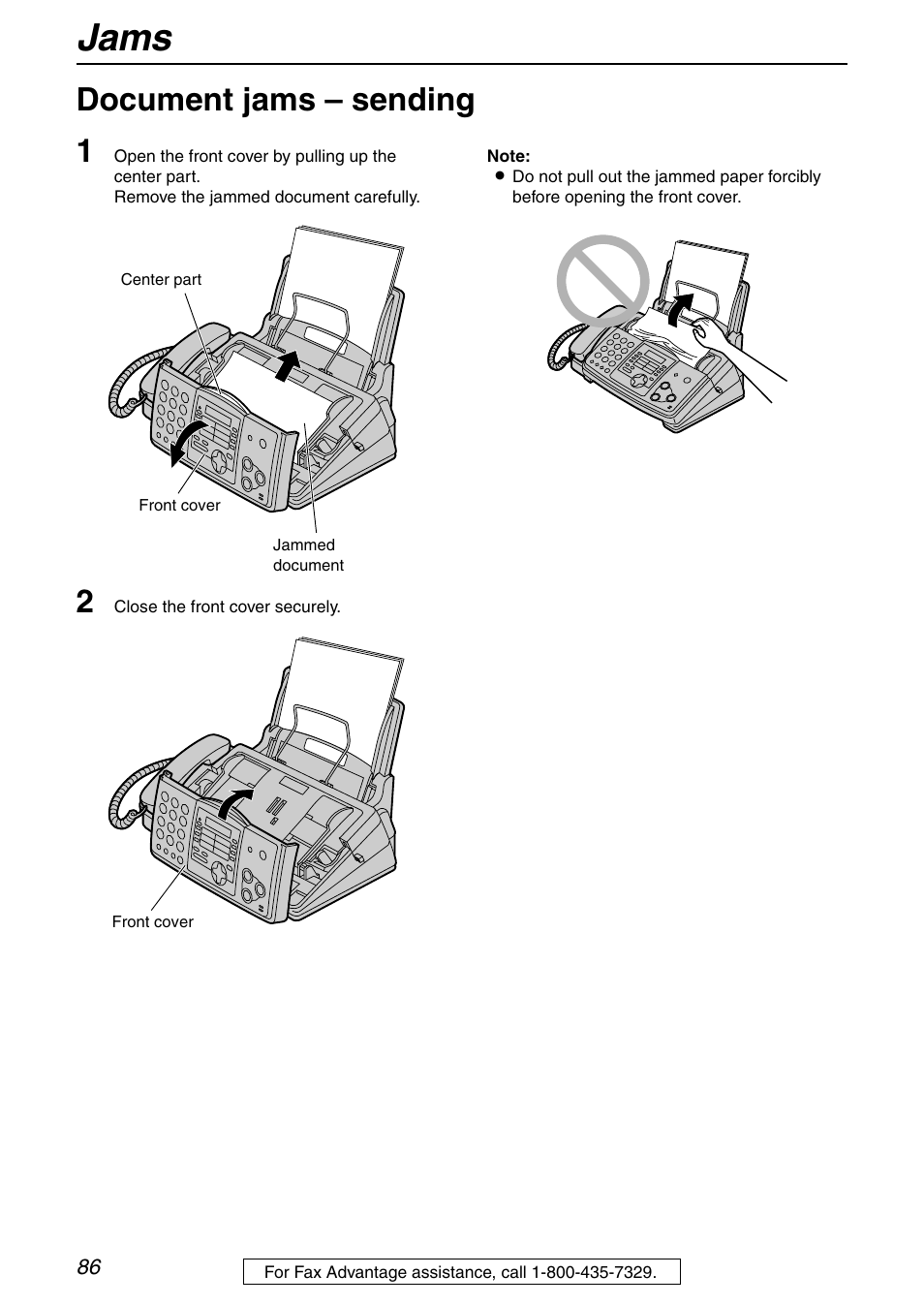 Jams, Document jams – sending 1 | Panasonic KX-FHD351 User Manual | Page 86 / 104