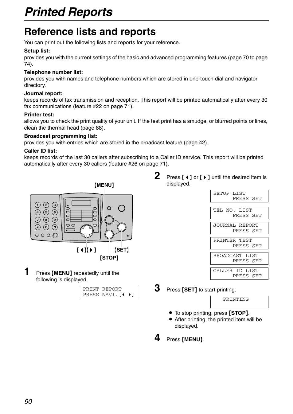 General information, Printed reports, Reference lists and reports | Panasonic KX-FHD351 User Manual | Page 90 / 104