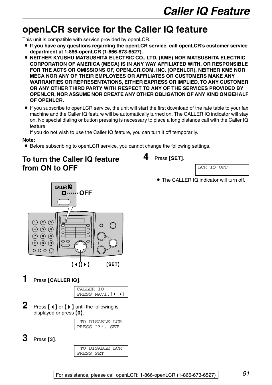 Caller iq feature, Openlcr service for the caller iq feature | Panasonic KX-FHD351 User Manual | Page 91 / 104