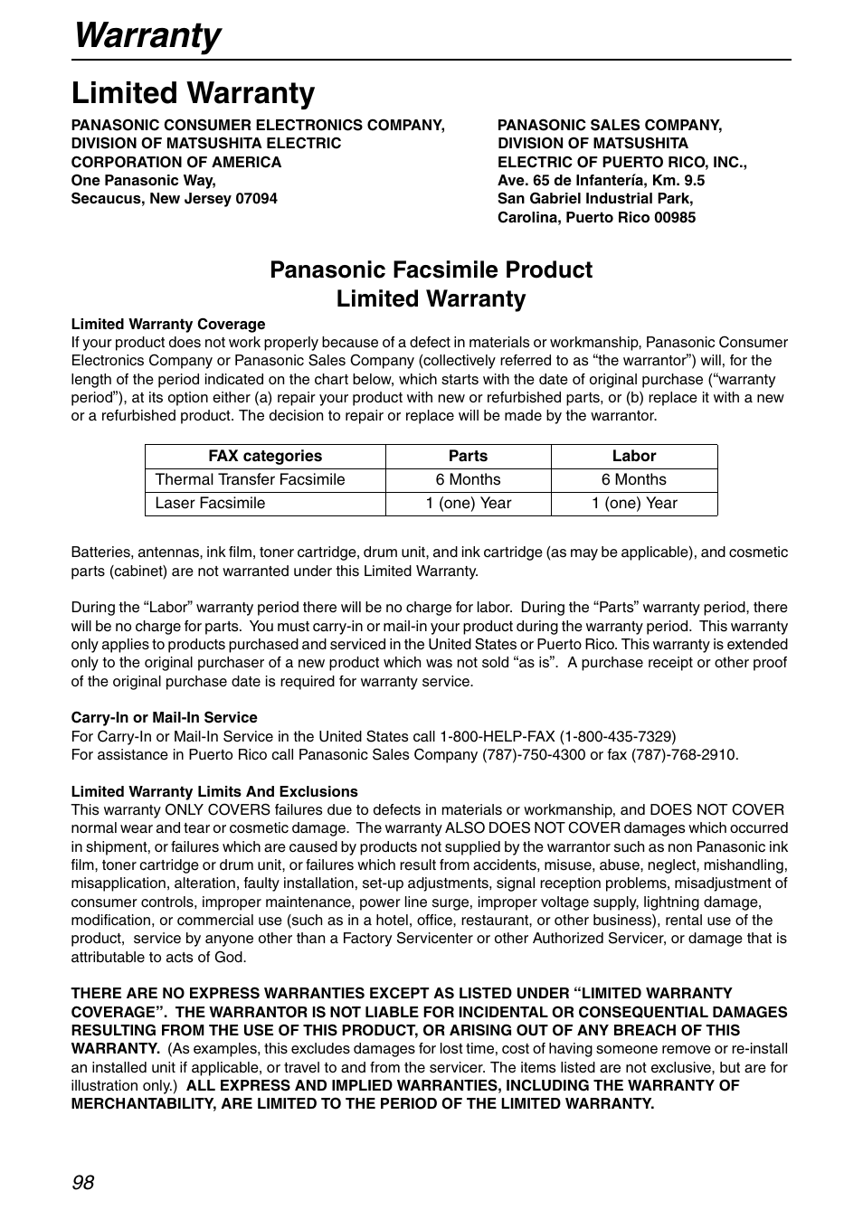 Warranty, Limited warranty, Panasonic facsimile product limited warranty | Panasonic KX-FHD351 User Manual | Page 98 / 104