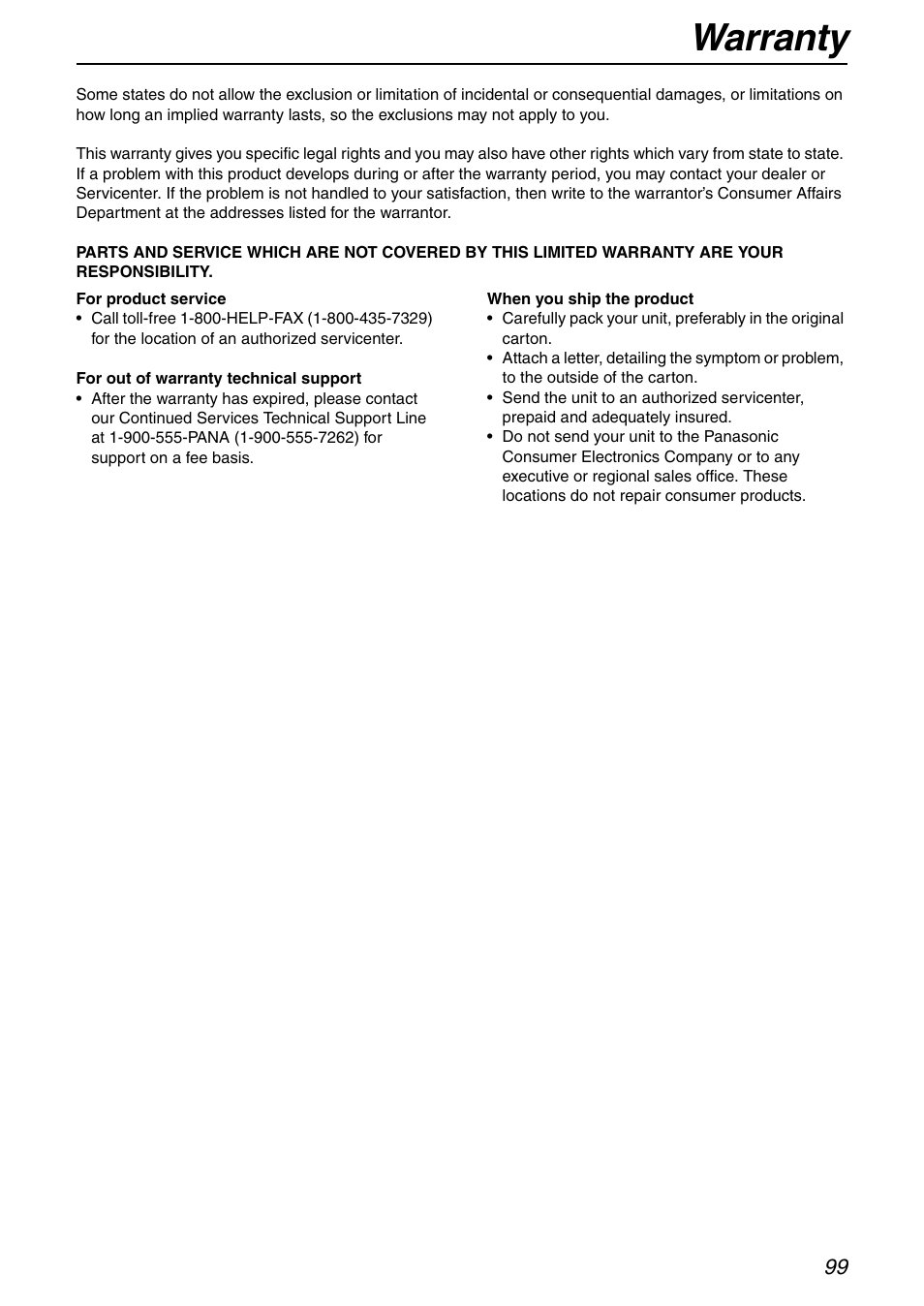 Warranty | Panasonic KX-FHD351 User Manual | Page 99 / 104